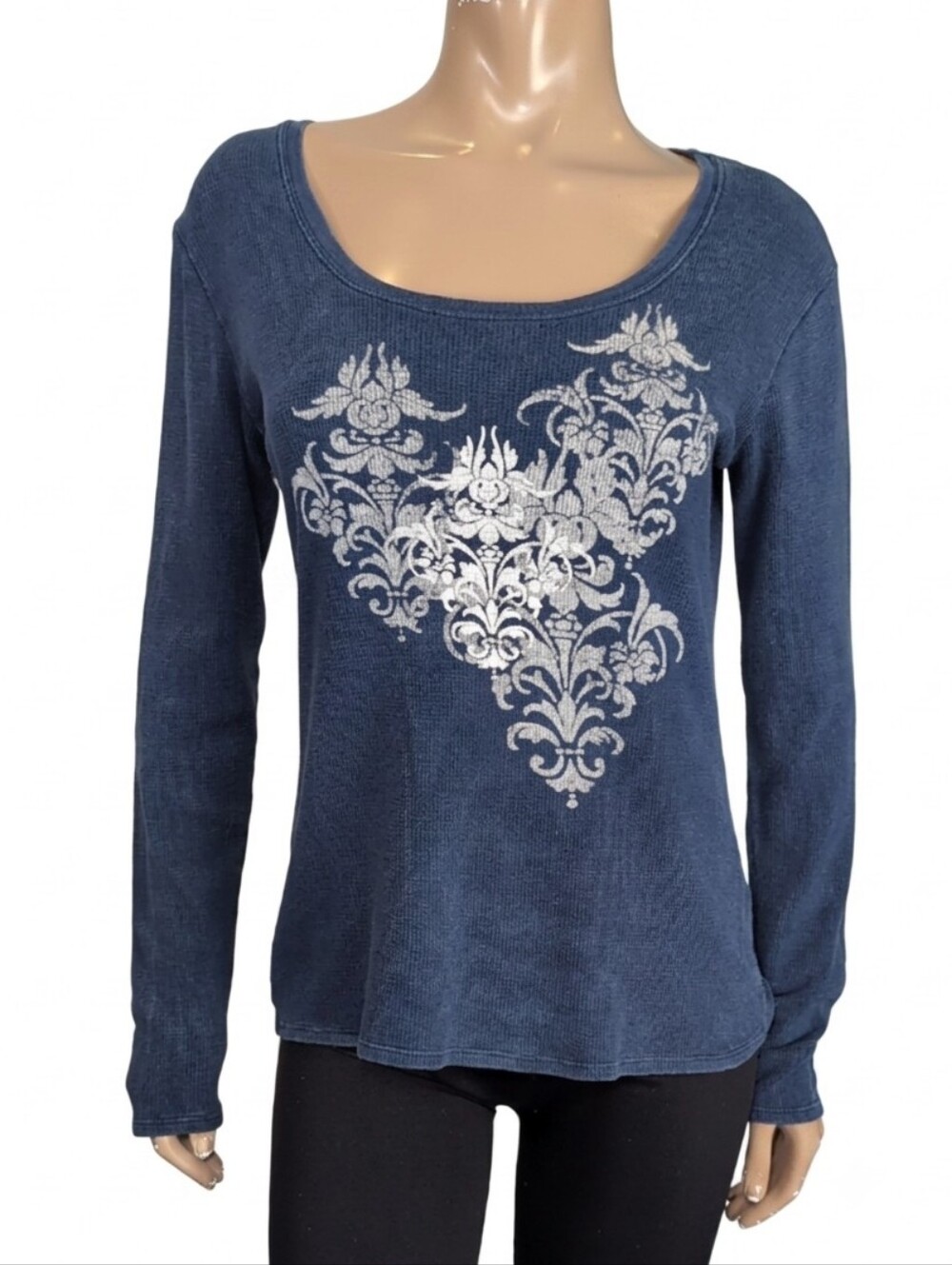 One World Navy Long Sleeve Thermal Top Distressed Damask Graphic Size Medium